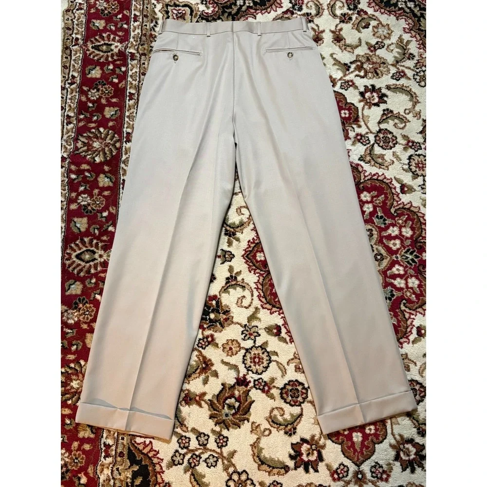 Tasso Elba Wool Dress Pants Mens 35x31 Beige Pleated Cuffed